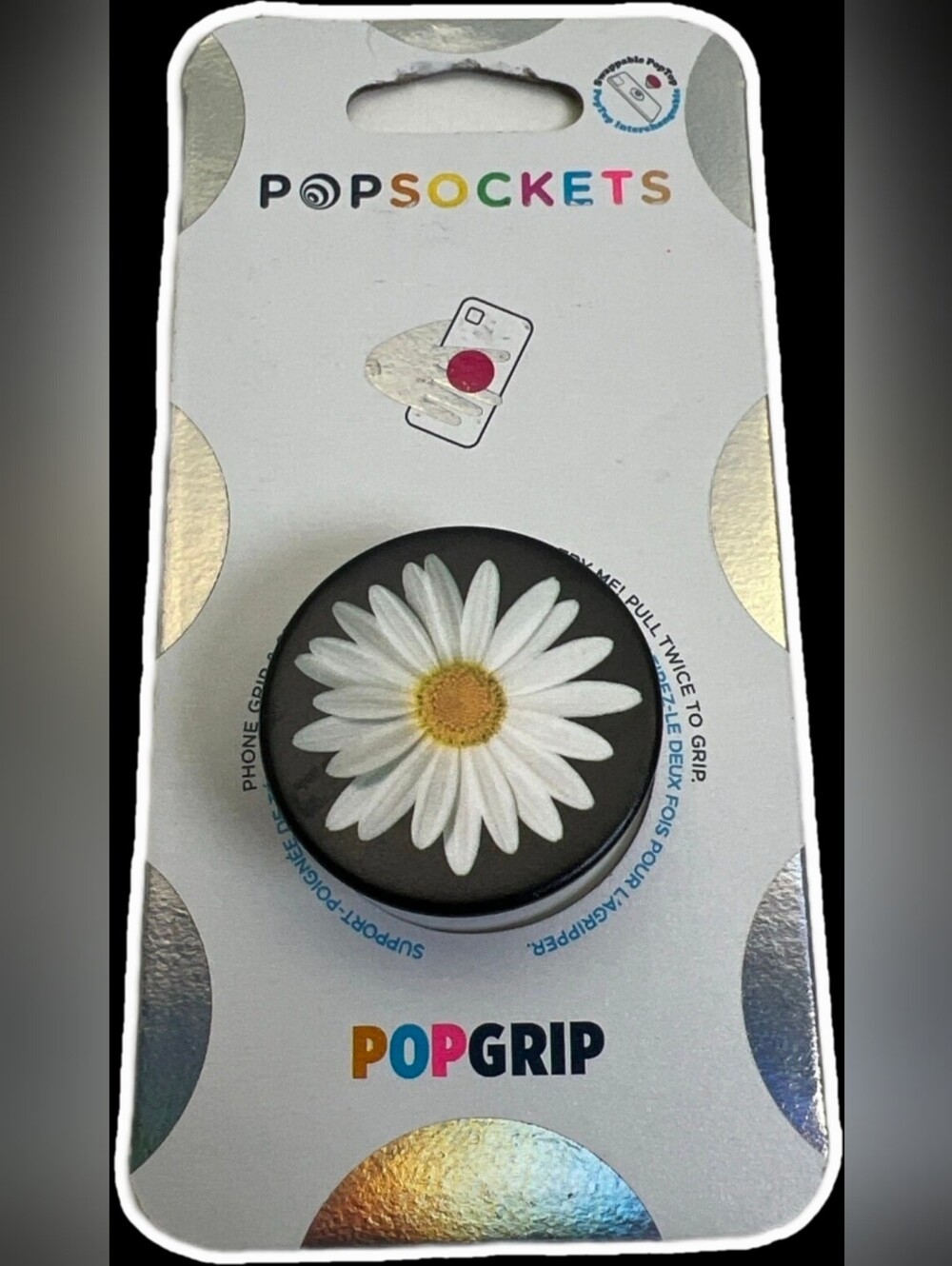 PopSocket PopGrip Black with White Daisy and Yellow Center
